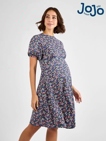 JoJo Maman Bébé Navy Maternity Floral Print Puff Sleeve Jersey Tea Dress (AG8194) | € 68