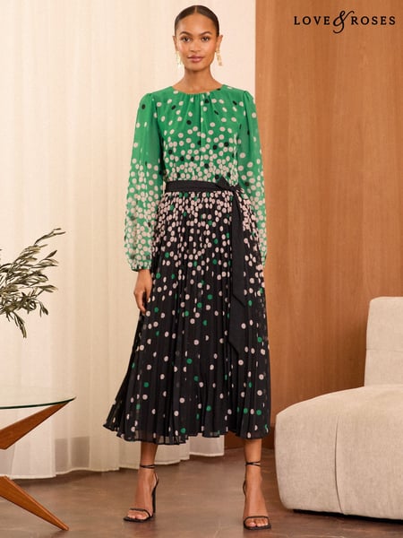 Love & Roses Green Mono Spot Pleated Midi Dress (AG8585) | € 123