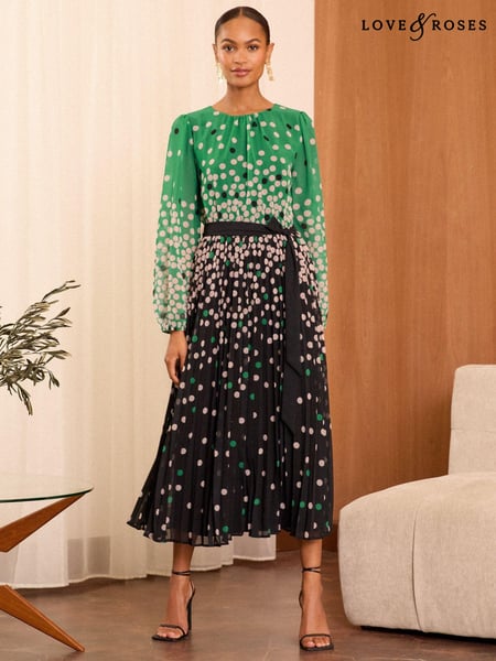 Love & Roses Green Petite Mono Spot Pleated Midi Dress (AG8586) | € 61