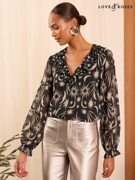 Love & Roses Black Star Ruffle Detail V-Neck Long Sleeve Blouse (AG8598) | € 24