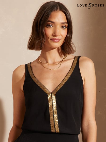 Love & Roses Black V-Neck V Back Woven Vest (AG8600) | € 22