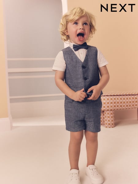 Navy Cotton/Linen Blend Waistcoat, Shirt, Short & Bow Tie Set (3mths-9yrs) (AG8617) | € 51 - € 60