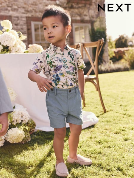 Teal Blue Floral Shirt, Shorts, Bow Tie & Braces Set (3mths-9yrs) (AG8628) | € 38 - € 44