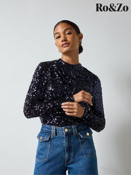 Ro&Zo Navy Blue Sequin High Neck Top (AG9734) | € 61