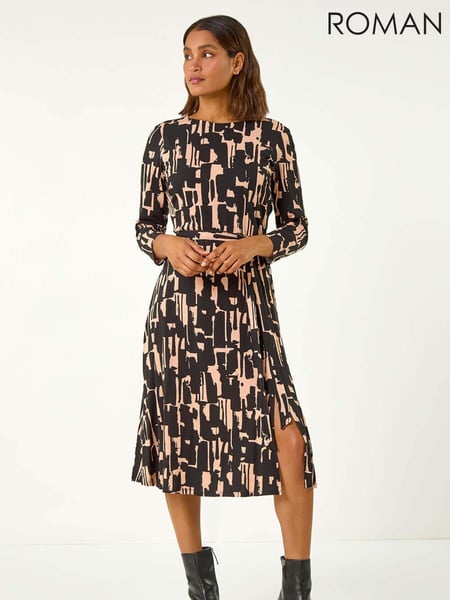 Roman Black Stretch Abstract Belted Dress (AH1012) | € 66