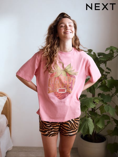 Rosa mit Erdbeermotiven - 100% Cotton Graphic Short Sleeve Pyjamas (AH4014) | 32 €