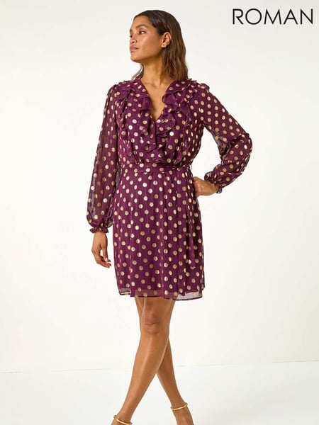 Roman Red Foil Print V-Neck Fit and Flare Ruffle Dress (AH9815) | € 97