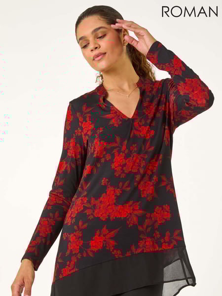 Roman Red Floral Chiffon Hem Blouse (AH9826) | € 55
