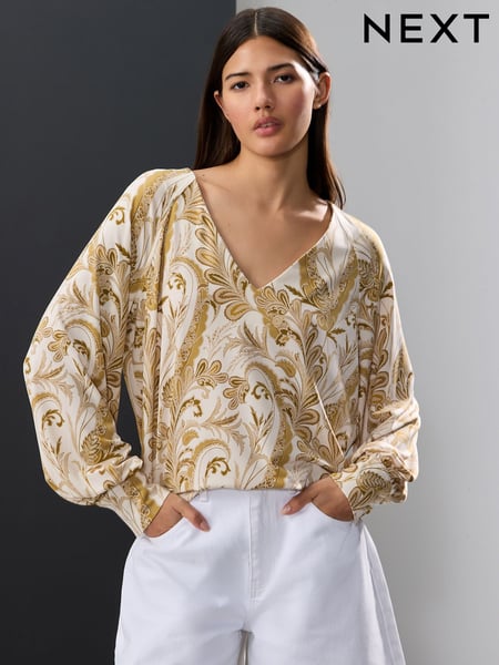 Ecru Long Sleeve V-Neck Jersey Blouse (AJ0011) | € 47