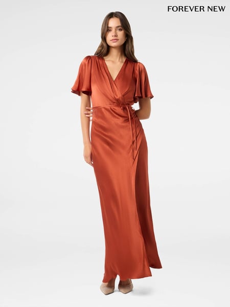 Forever New Orange Chelsea Flutter Sleeves Satin Maxi Dress (AJ0366) | € 93
