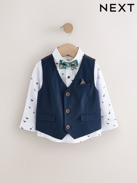 Navy Dino Waistcoat Set With Shirt And Bow Tie (3mths-7yrs) (AJ0443) | € 45 - € 51