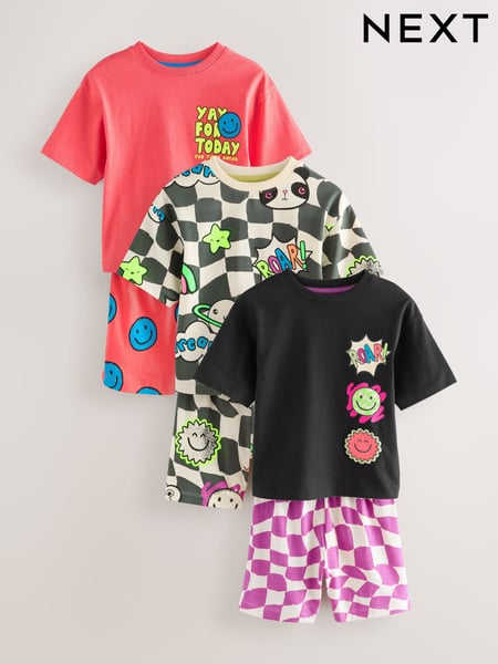 Multi Bright Checkerboard Happy Face Short Pyjamas 3 Pack (9mths-10yrs) (AJ0528) | € 30 - € 38