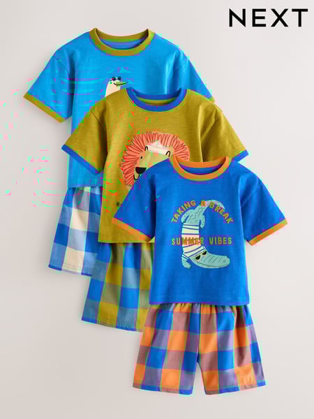 Blue/Green Check Animal Print 100% Cotton Short Pyjamas 3 Pack (9mths-10yrs) (AJ0532) | € 34 - € 43