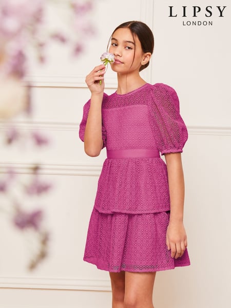 Lipsy Mauve Purple Premium Lace Puff Sleeve Occasion Dress (5-16yrs) (AJ0546) | € 97 - € 109