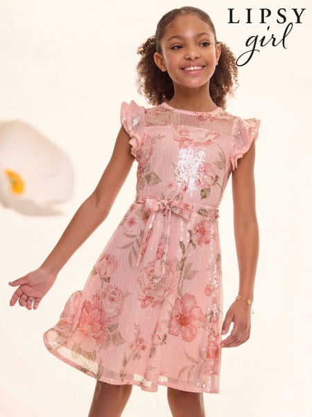 Lipsy Pink Floral Printed Sequin Occasion Dress (5-16yrs) (AJ0549) | € 83 - € 95