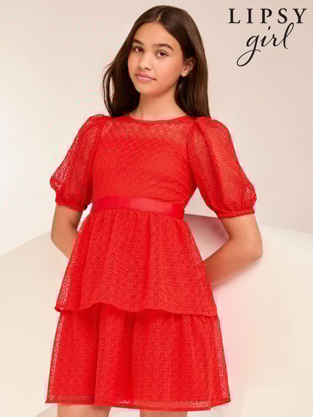 Lipsy Red Lace Puff Sleeve Occasion Dress (5-16yrs) (AJ0558) | € 67 - € 76