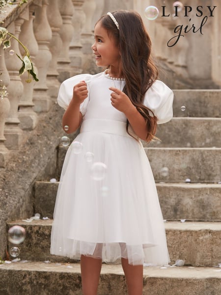 Lipsy Ivory Flower Girl Puff Sleeve Occasion Dress (2-16yrs) (AJ0559) | € 86 - € 98