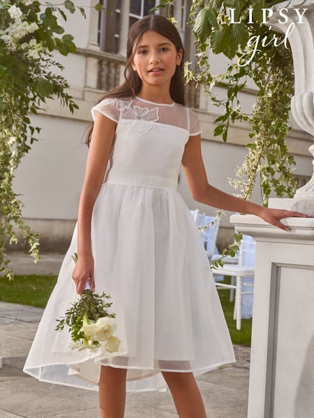 Lipsy White Flower Girl Embellished Flower Occasion Dress (5-16yrs) (AJ0561) | € 92 - € 104