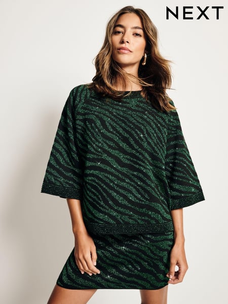 Green/Black Co-ord Sparkle Zebra Short Sleeve Knitted Jumper (AJ0571) | € 31