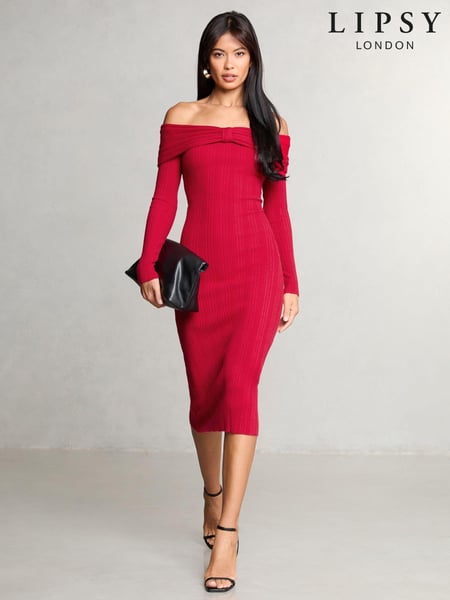 Lipsy Red Knitted Bow Detail Ribbed Bardot Dress (AJ0865) | € 81