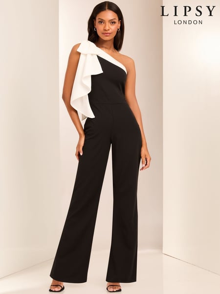 Lipsy Black and White Petite One Shoulder Bow Jumpsuit (AJ0995) | € 134