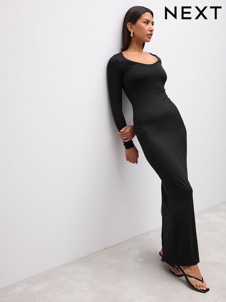 Black Long Sleeve Scoop Bodycon Soft Touch Polyamide Midi Dress (AJ2341) | € 52