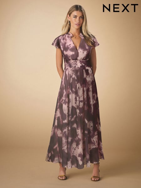 Pink/Purple Pleated Mesh Print V-Neck Occasion Midi Dress (AJ2353) | € 100