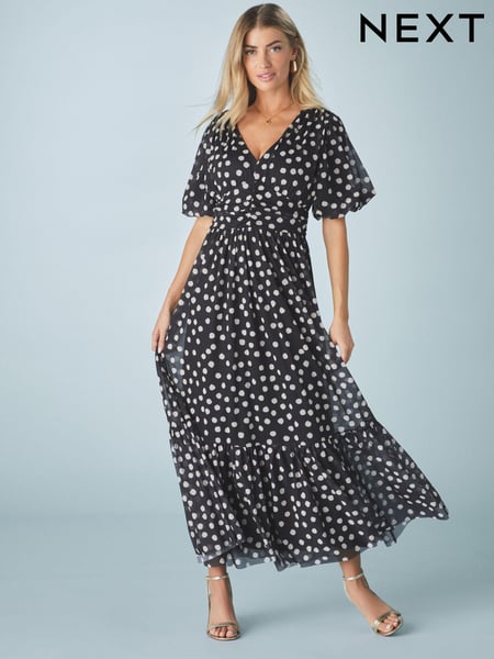 Black White Polka Dot Print Mesh Pleated Puff Sleeve Waist Detail Occasion Midi Dress (AJ2358) | € 105