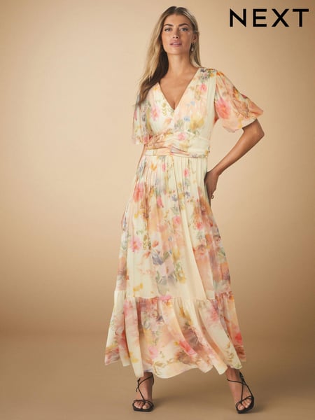 Off White Smudge Floral Print Mesh Pleated Puff Sleeve Waist Detail Occasion Midi Dress (AJ2362) | € 105