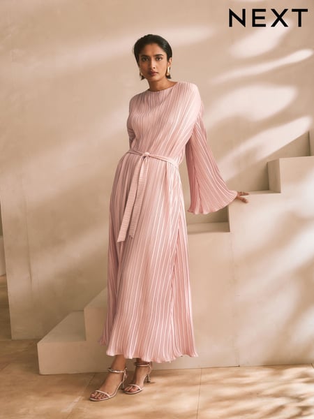 Blush Pink Metallic Plisse Long Sleeve Slash Neck Belted Maxi Dress (AJ2580) | € 80
