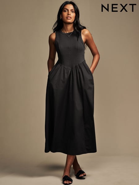 Black Woven Jersey Mix Sleeveless Racer Ribbed Midi Dress (AJ2581) | € 47