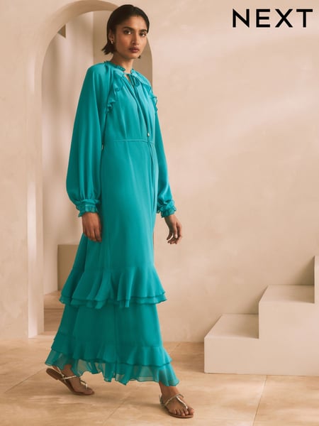 Teal Blue Long Sleeve Tie Neck Ruffle Tiered Maxi Dress (AJ2582) | € 87