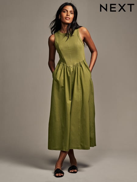 Khakigrün - Woven Jersey Mix Sleeveless Racer Ribbed Midi Dress (AJ2588) | 47 €
