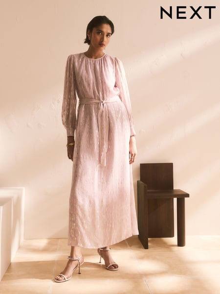 Pastel Pink Long Sleeve Tie Waist Crew Neck Maxi Dress (AJ2599) | € 105