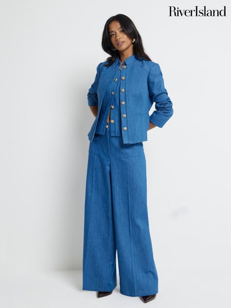 River Island Blue Petite Pocket Wide Leg 100% Cotton Trousers (AJ3510) | € 38