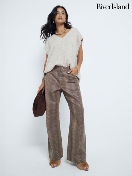 River Island Brown Petite Snake Print Relaxed Straight Leg 100% Cotton Jeans (AJ3524) | € 47