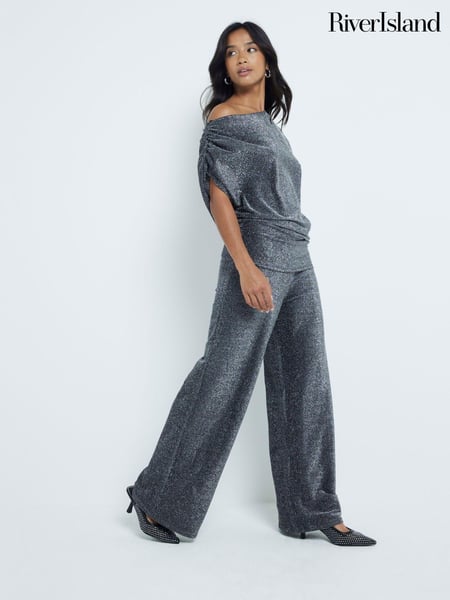 River Island Black Petite Metallic Wide Leg 100% Cotton Trousers (AJ3556) | € 27