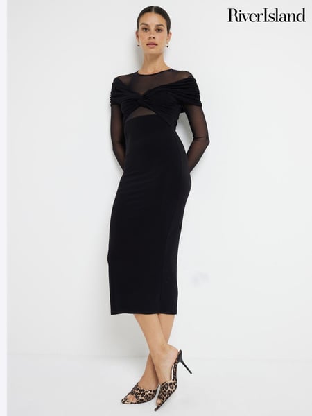 River Island Black Mesh Bow Long Sleeve Midi Dress (AJ3569) | € 35