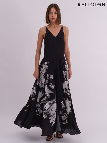Religion Black Inversion Maxi Dress In Cupro With Beautiful Swallow Print (AJ3632) | € 195