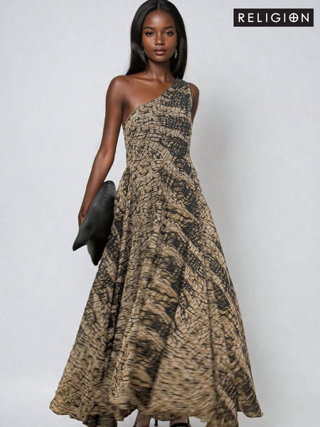 Religion Brown Signature One Shoulder Maxi Dress With Full Multi Layered Skirt (AJ3659) | € 122