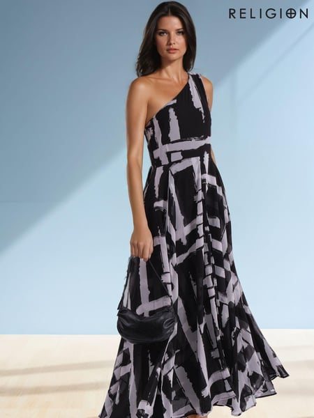 Religion Charcoal Black Signature One Shoulder Maxi Dress With Full Multi Layered Skirt (AJ3664) | € 175