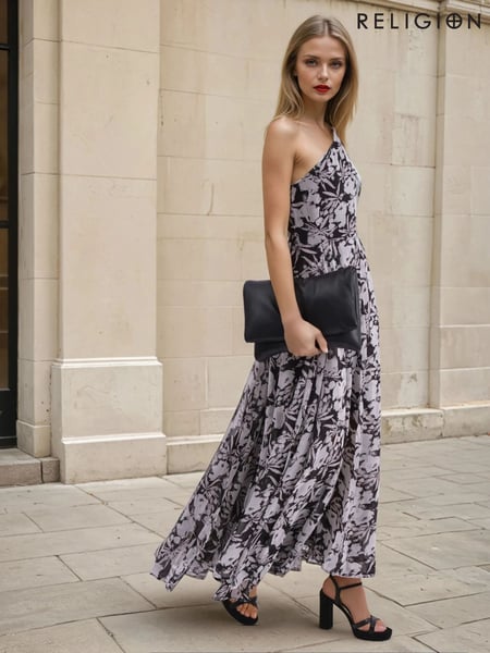 Religion Black Signature One Shoulder Maxi Dress With Full Multi Layered Skirt (AJ3667) | € 175