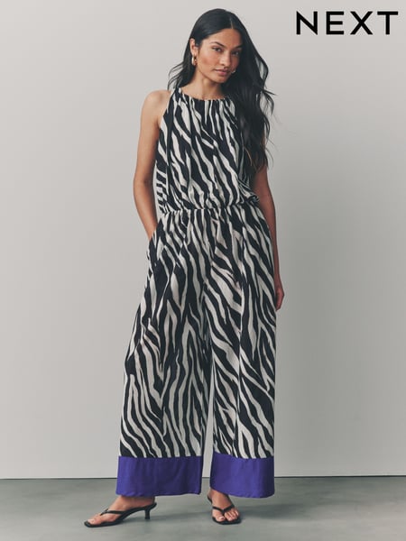 Ecru Zebra Sleeveless Wide Leg 100% Cotton Jumpsuit (AJ4254) | € 52