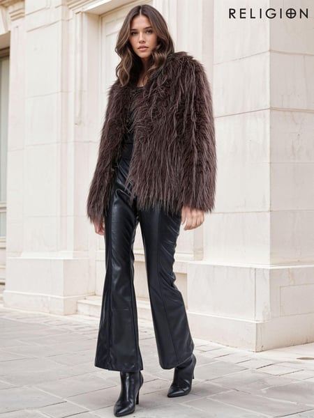 Religion Brown Long Haired Short Relax Fur Coat in Shaggy Soft Faux Fur (AJ4641) | € 170