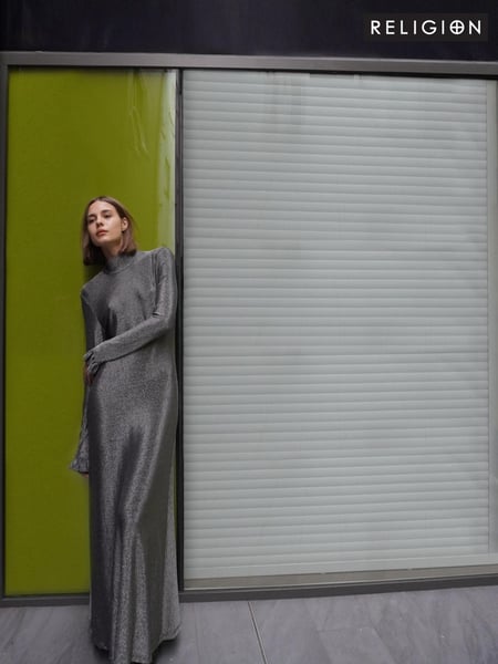 Religion Metallic Long Sleeved Tanzanite Maxi Dress In Slinky Metallic Thread With Frill Cuffs (AJ4654) | € 58