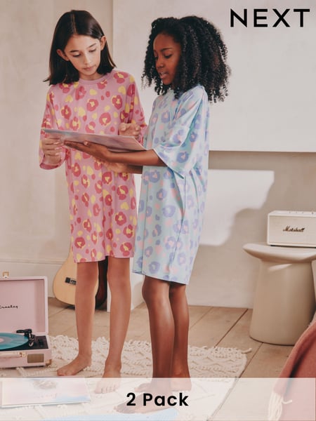 Aqua/Pink Leopard Print Nighties 2 Pack (3-16yrs) (AJ4691) | € 24 - € 34