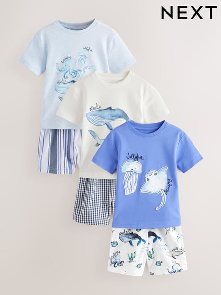 Blue/White Sea Life Short Pyjamas 3 Pack (9mths-12yrs) (AJ4843) | € 35 - € 47