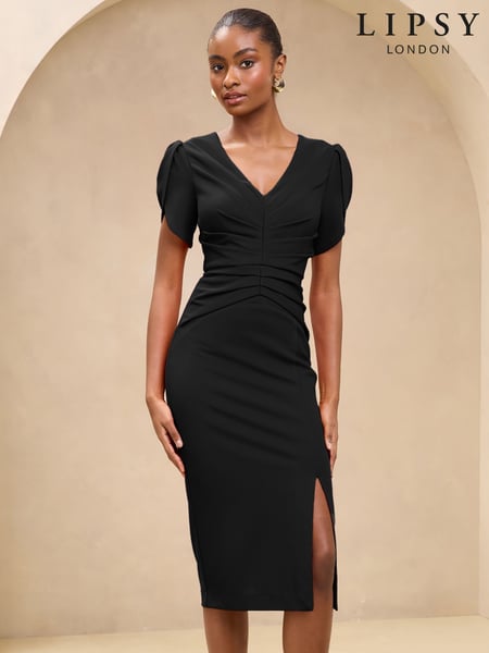 Lipsy Black Tulip Sleeve Ruched Midi Bodycon Dress (AJ5374) | € 106