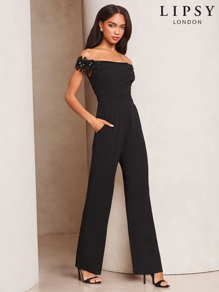 Lipsy Black Petite Embelished 3D Floral Trim Bardot Jumpsuit (AJ5391) | € 143