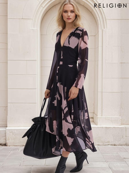 Religion Black Infinity Long Sleeve Midi Dress With Handkerchief Hem In Hand Painted Prints (AJ5594) | € 184